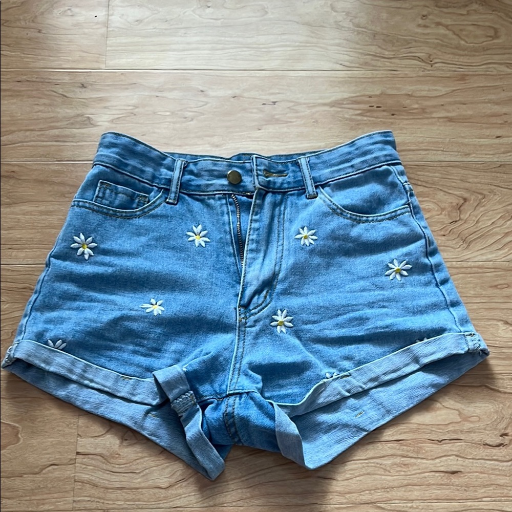 Blue Denim Women's Shorts with Floral Embroidery